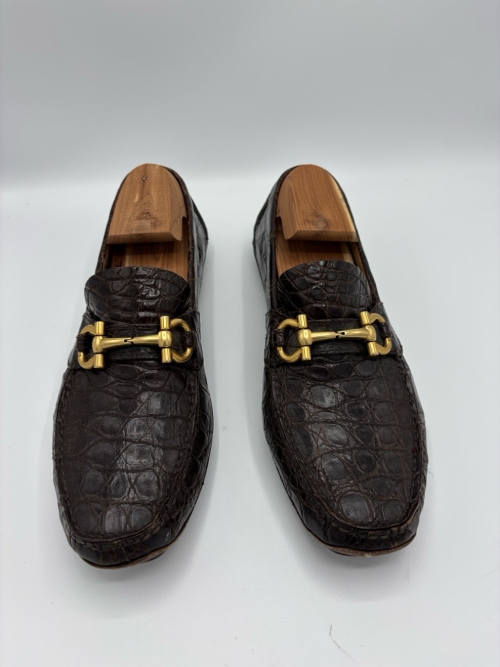 Ferragamo Dark Brown Crocodile Leather Horse Bit Loafers - Size 7.5